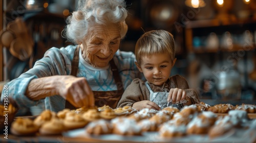 A warm kitchen scene where a grandmother and her grandson are decorating cookies with icing and sprinkles, with a variety of cookies laid out on the counter ready for decoration © Olexiy Vasilyuk