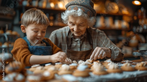 A warm kitchen scene where a grandmother and her grandson are decorating cookies with icing and sprinkles, with a variety of cookies laid out on the counter ready for decoration