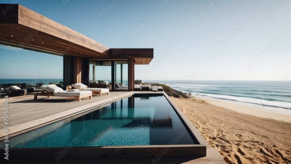 Fototapeta premium Luxurious beachfront residence featuring a private rooftop infinity pool with panoramic views of the Pacific Ocean in Malibu, California