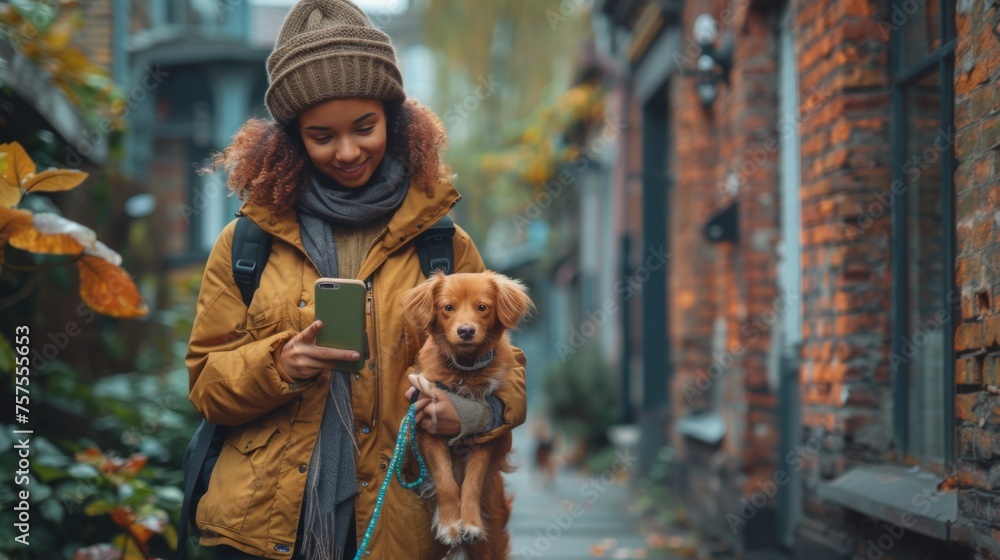 A woman using her smartphone with a green screen while walking her dog ...