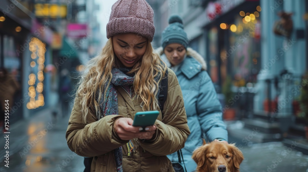 A woman using her smartphone with a green screen while walking her dog ...