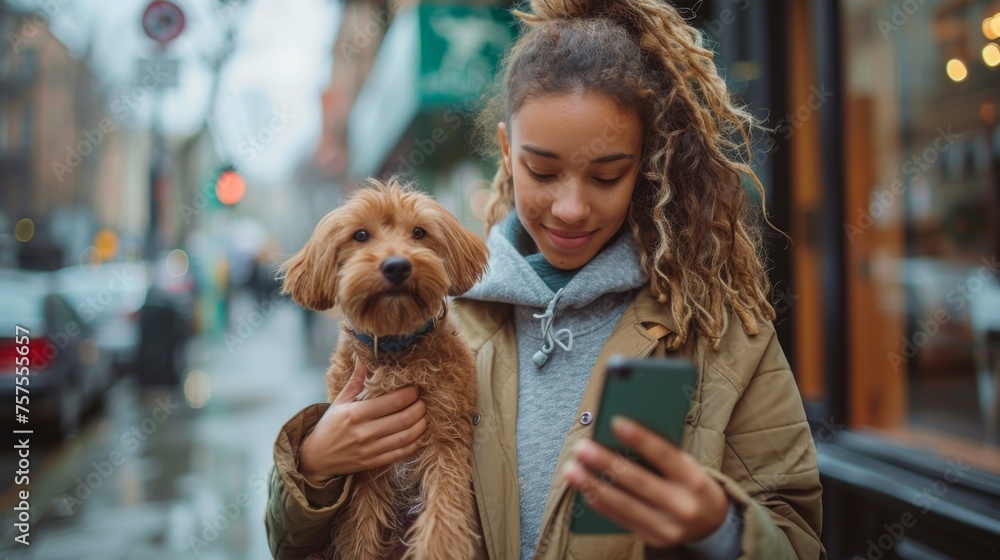 A woman using her smartphone with a green screen while walking her dog on a city sidewalk, illustrating the multitasking nature of modern life amidst the urban environment