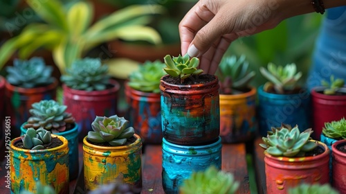 A woman's hands lovingly planting a flowering succulent into a repurposed jar decorated with natural motifs, next to a small notebook with sketches of future projects, blending the worlds #757556051