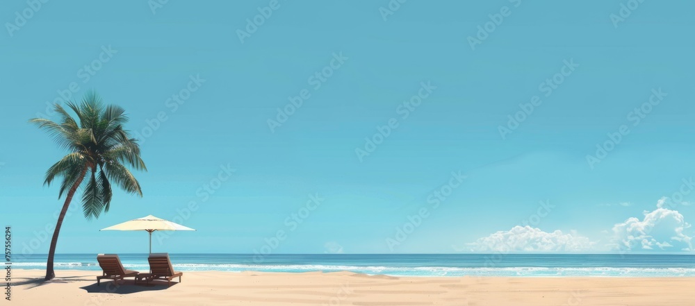 A panoramic view of the sandy beach with two lounge chairs under an umbrella, palm trees on one side and a clear blue sky in the background. The calm ocean is visible in the far distance Generative AI