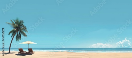 A panoramic view of the sandy beach with two lounge chairs under an umbrella, palm trees on one side and a clear blue sky in the background. The calm ocean is visible in the far distance Generative AI