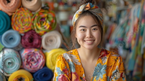 A young woman with Down syndrome, wearing a vibrant apron, organizing colorful fabric rolls in a fabric store, her smile bright and welcoming as she carefully places each roll in its designated spot