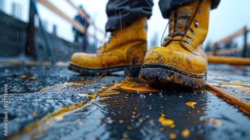 Amid the sound of construction, a worker, equipped with safety boots and gloves, applies waterproofing material to the roof of an emerging building. 