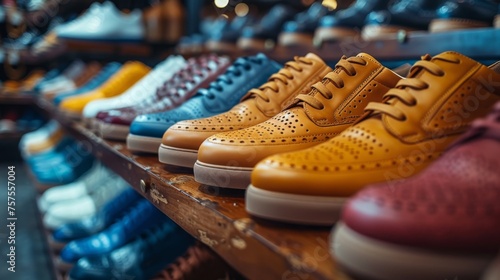 An array of sleek, modern footwear ranging from formal shoes to casual sneakers, neatly lined up in a contemporary shoe store, each pair presenting a blend of comfort and style for discerning customer