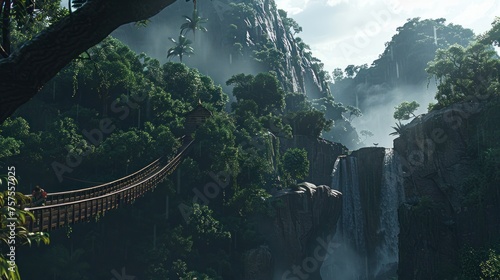 a bridge in the middle of a jungle with a waterfall and a bridge in the middle of the jungle with a bridge in the middle of the jungle.