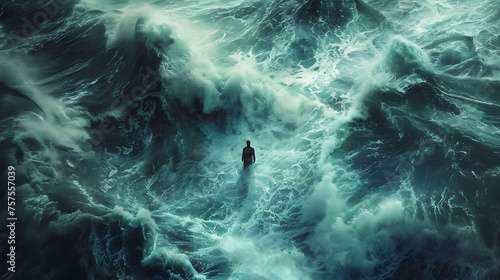 A person navigating through turbulent waters, symbolizing adapting to changes in business strategies photo