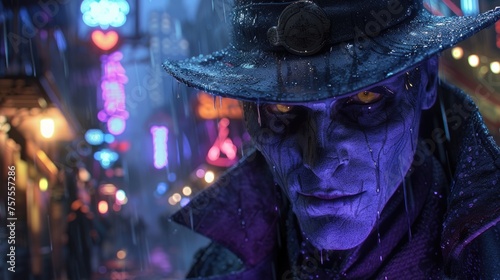 A menacing close-up of a steampunk villain with glowing goggles and a respirator, their face framed by the neon lights of a cyberpunk cityscape