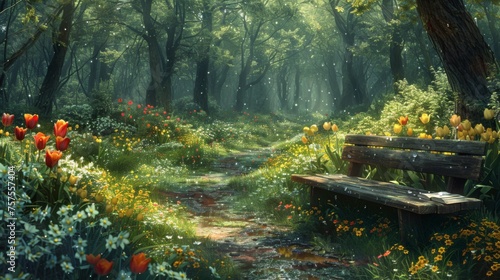 An early spring garden, dew on the fresh green grass, tulips and daffodils in full bloom, and a garden bench where an open book lies forgotten, inviting a moment of peace and renewal