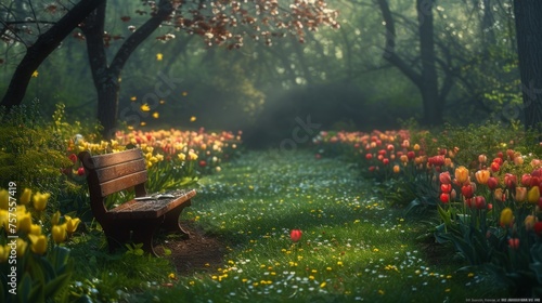 An early spring garden, dew on the fresh green grass, tulips and daffodils in full bloom, and a garden bench where an open book lies forgotten, inviting a moment of peace and renewal #757557419