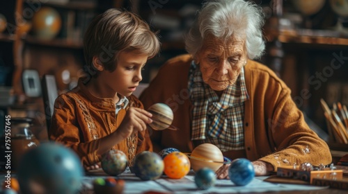 An educational moment in the study  with a grandmother helping her grandson with his science project