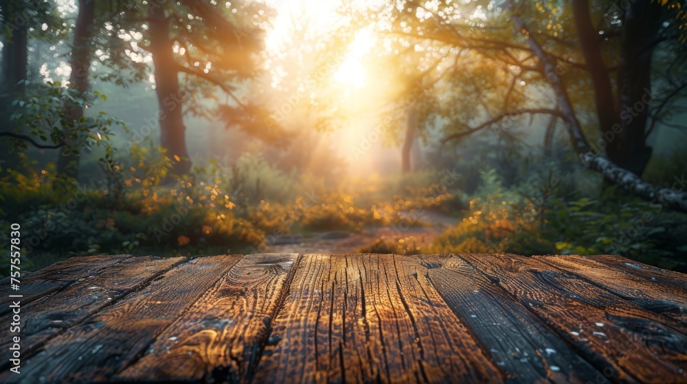 An elegant wooden table with a blurred background of a forest clearing at twilight, the remaining light casting shadows and creating a mysterious yet inviting atmosphere for unique product showcases An elegant wooden table with a blurred background of a forest clearing at twilight, the remaining light casting shadows and creating a mysterious yet inviting atmosphere for unique product showcases