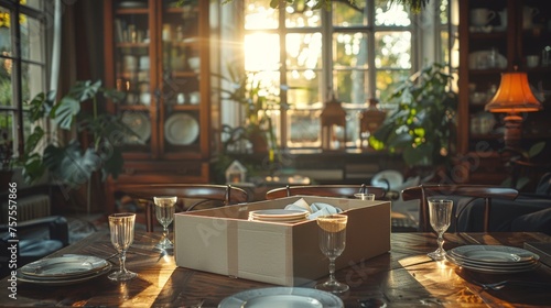 An empty dining room with a large, open cardboard box on the table, filled with carefully wrapped dishes and glasses, ready for unpacking, signifying the beginning of settling into a new home