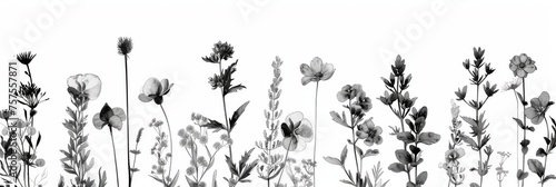 Monochrome botanical floral pattern with various flowers. A seamless  elegant black and white floral pattern featuring assorted blooming flowers and foliage  perfect for a variety of design uses.