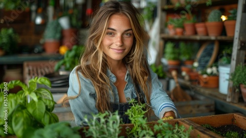 An enthusiastic urban gardener tenderly tending to her wooden raised bed, filled with a variety of herbs and spices, right in the heart of the city, demonstrating the joy and possibility of growing © Алексей Василюк