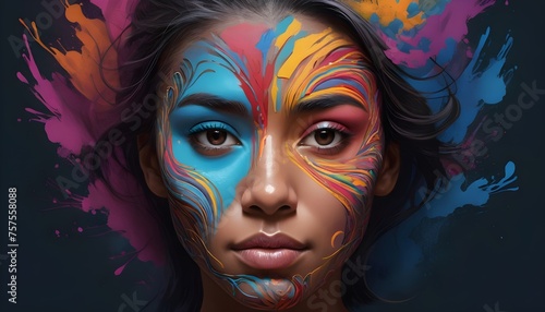 Wallpaper Mural Spontaneous Expression: Abstract Color Splatters Adorning a Portrait, Evoking Artistic and Creative Freedom Against a Plain Background Torontodigital.ca