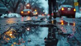 An image capturing a pedestrian stepping over a large puddle formed in a pothole, reflecting the city lights of the early evening, symbolizing the daily challenges faced by residents due to the poor 
