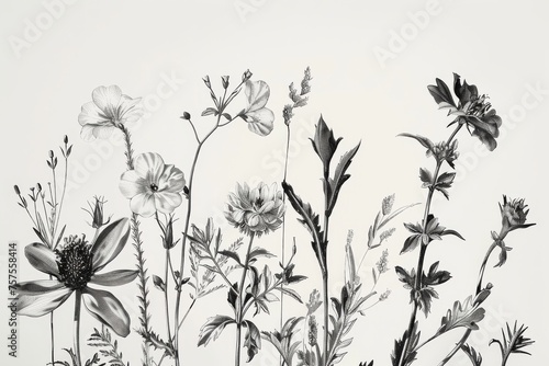 Monochrome botanical floral pattern with various flowers. A seamless, elegant black and white floral pattern featuring assorted blooming flowers and foliage, perfect for a variety of design uses.