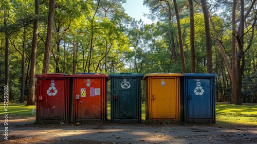 At the edge of a forest park, a set of recycling bins, marked for plastic, paper, and glass, serve as a gentle reminder for visitors to respect nature by properly disposing of waste