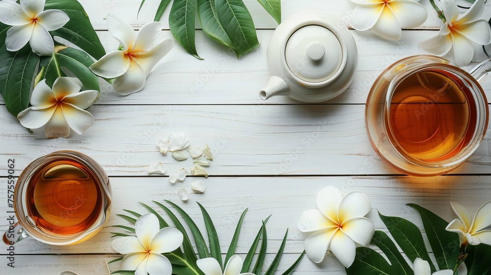 Herbal healthy drinks such as hot tea for health care, served with a teapot and arranged with frangipani flowers in a flat lay style Herbal healthy drinks such as hot tea for health care, served with a teapot and arranged with frangipani flowers in a flat lay style