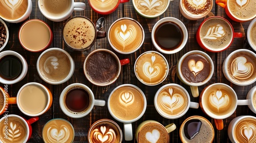 An assortment of coffee served in different cups, perfect for a coffee break or coffee time. photo