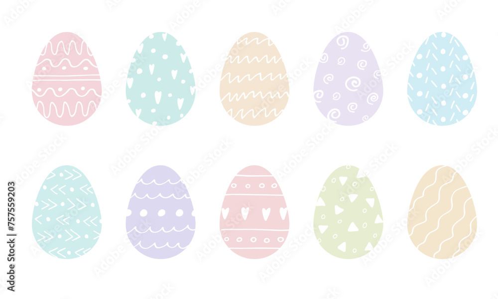 Set of colorful Easter Eggs with hand Drawn white ornament. Cute cartoon spring holiday illustration. Easter traditional decoration Symbol for design. Egg hunt element isolated on white Set of colorful Easter Eggs with hand Drawn white ornament. Cute cartoon spring holiday illustration. Easter traditional decoration Symbol for design. Egg hunt element isolated on white