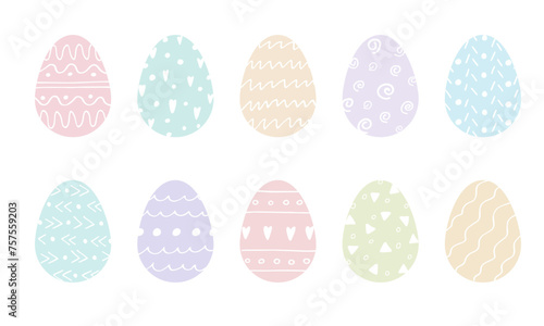 Set of colorful Easter Eggs with hand Drawn white ornament. Cute cartoon spring holiday illustration. Easter traditional decoration Symbol for design. Egg hunt element isolated on white