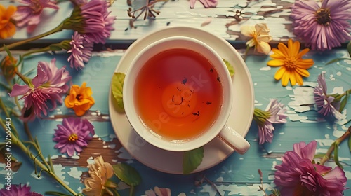 A cup of tea surrounded by flowers and loose tea leaves, creating a picturesque scene.