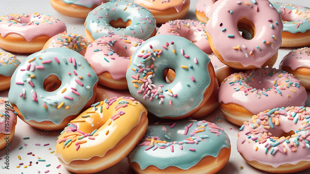 Pastel glazed donuts with colorful sprinkles. 