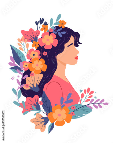   vector pretty woman and flowers ,flat cartoon style,minimalism, poster