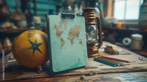 a wooden table topped with a clipboard with a map of the world on it and a pen and pencils.