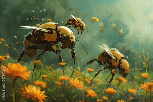 Robot bees pollinating flowers © Boraryn