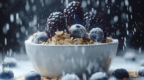 a bowl of oatmeal with berries and powdered sugar on a table with blueberries and raspberries. photo