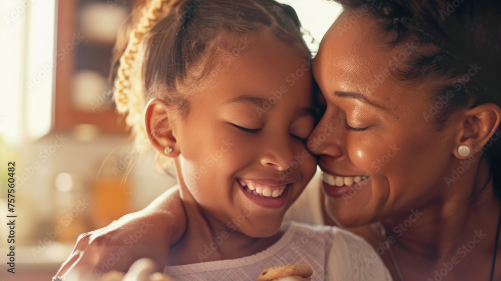 Affectionate embrace between mother and daughter, eyes closed in a moment of love , celebrating Mother's Day with a mother and child in the soft sunlight .Radiant moments Affectionate embrace between mother and daughter, eyes closed in a moment of love , celebrating Mother's Day with a mother and child in the soft sunlight .Radiant moments