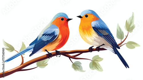 Two birds is sitting on a branch flat vector isolated