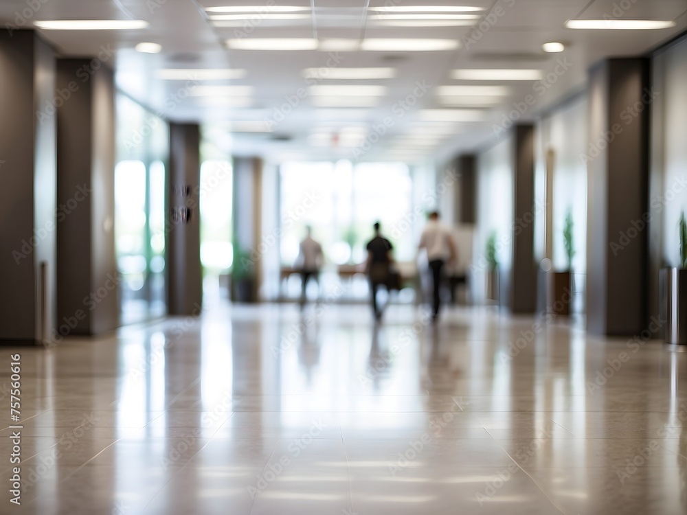 Blurred background of a high-rise corporate office entrance with gleaming floors and diffused overhead lighting, generative AI