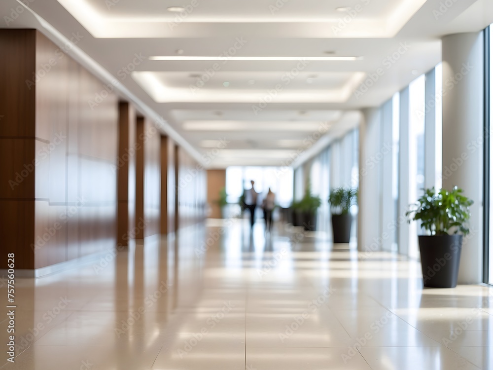 Blurred background of a high-rise corporate office entrance with gleaming floors and diffused overhead lighting, generative AI