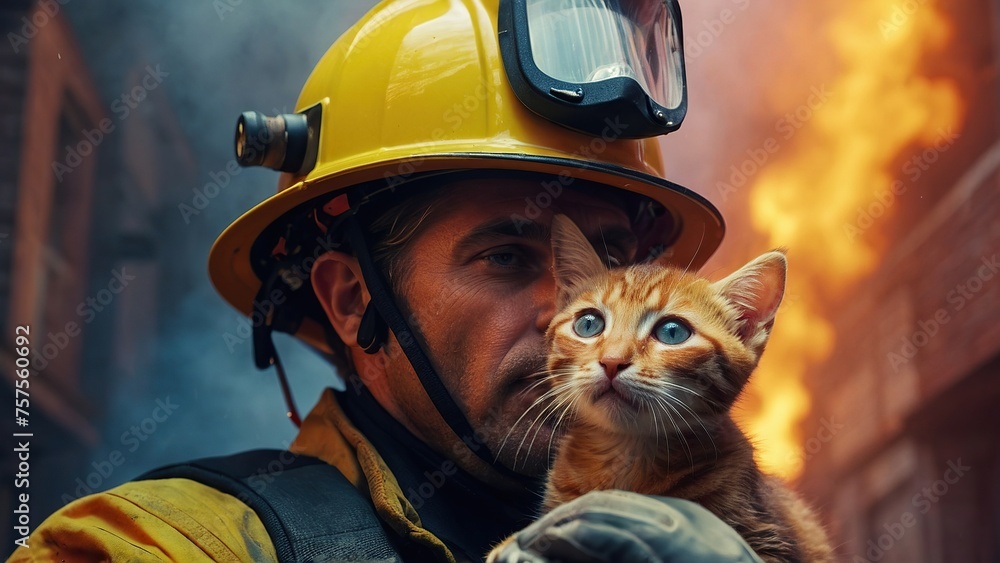 Obraz premium A fireman saves a pet.