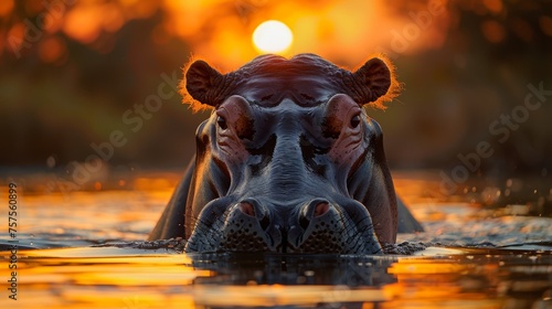 Golden Splash: Hippopotamus at Sunset © bernd77