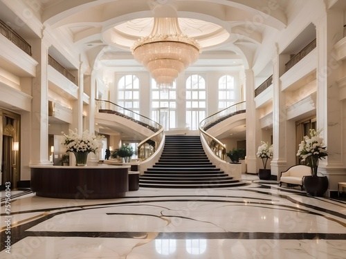 The grand lobby of a luxury hotel, featuring opulent decorations, a sweeping staircase, and gleaming marble floors, generative AI