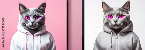two cats wearing a white hooded jacket on a pink and grey background with pink eyes. concepts of style, creativity, individuality, fun. banner with a portrait of a unique cat. photo