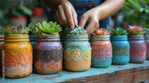 Hands finishing the planting of a succulent in a jar that has been transformed with lace and pastel paints, with the final product being placed among a collection of similarly adorned jars