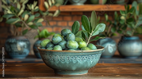a bowl filled with green fruit sitting on top of a wooden table next to other vases filled with plants.