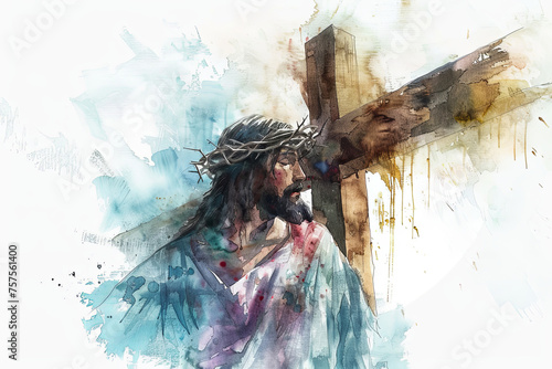 Jesus takes up his Cross. Digital watercolor painting photo