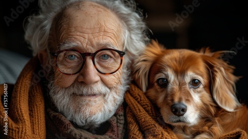 happy old people at home with a favorite pet, the pragma of human-animal love and friendship