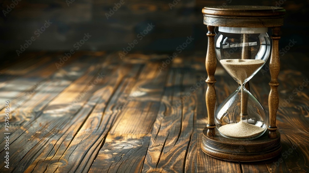 A vintage hourglass with sand slowly falling