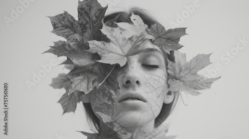 a black and white photo of a woman's face with leaves on her head and a veil of leaves covering her face. photo